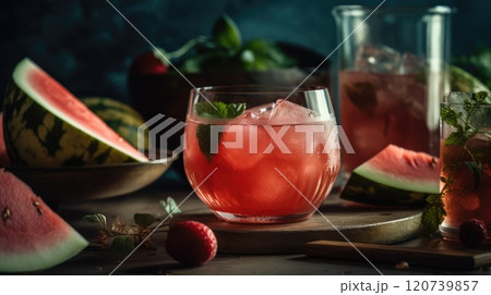 Fresh watermelon cocktails with slices of watermelon. Generative AI Fresh watermelon cocktails with slices of watermelon. Generative AI 120739857