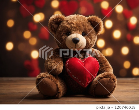Cute teddy bear holding a red heart against a romantic bokeh background with heart shapes 120740019