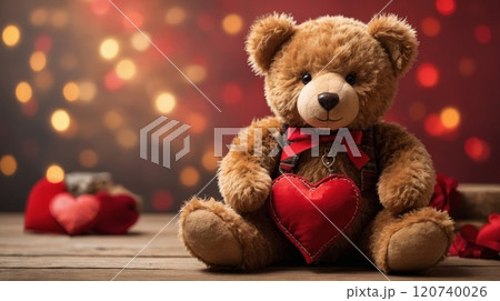 Cute teddy bear holding a heart in a festive setting with warm lights during Valentine season 120740026
