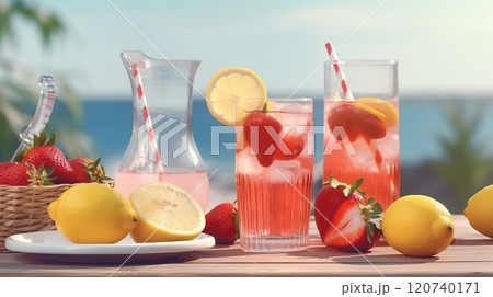 Summer iced cold drink with strawberry and lemon. Generative AI 120740171