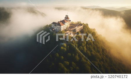 Beautiful Fairytale castle on mountain surrounded by cloud. Generative AI 120740172