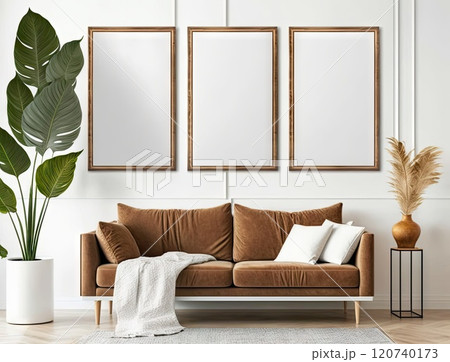 Scandinavian interior living room with sofa and mock up frame on the wall. Generative AI 120740173