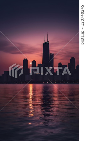 Cityscape of chicago at dusk with lights from the skyline. Generative AI 120740245