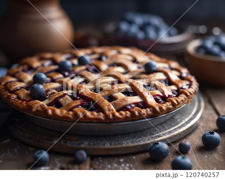Traditional homemade american blueberry pie. Generative AI 120740257