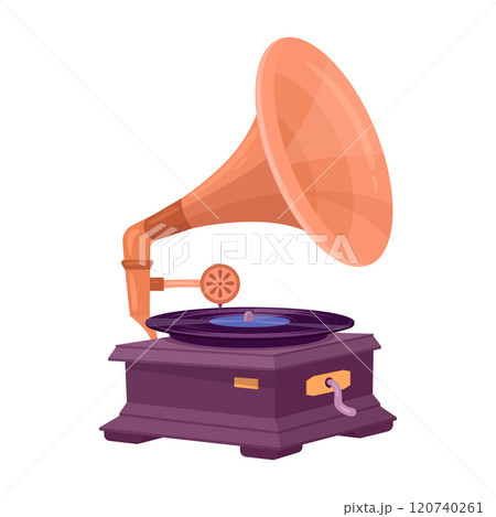 Antique music gramophone. Vintage audio device for listening music, retro gramophone flat vector illustration. Nostalgic gramophone player on white background 120740261