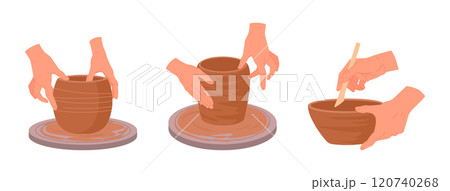 Cartoon pottery workshop process. Ceramic studio potters modeling clay vases flat vector illustration set. Potters hands making pots on pottery wheel 120740268