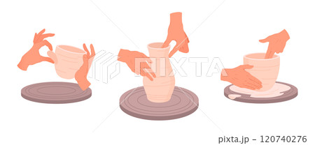 Hands making pots. Pottery workshop process, ceramic crafting process flat vector illustration set. Cartoon potter's hands making pots on pottery wheel Hands making pots. Pottery workshop process, ceramic crafting process flat vector illustration set. Cartoon potter's hands making pots on pottery wheel 120740276