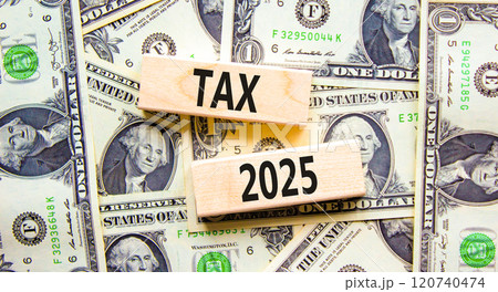 Planning tax 2025 new year symbol. Concept words Tax 2025 on beautiful wooden blocks. Dollar bills. Beautiful background from dollar bills. Business tax 2025 new year concept. Copy space. Planning tax 2025 new year symbol. Concept words Tax 2025 on beautiful wooden blocks. Dollar bills. Beautiful background from dollar bills. Business tax 2025 new year concept. Copy space. 120740474