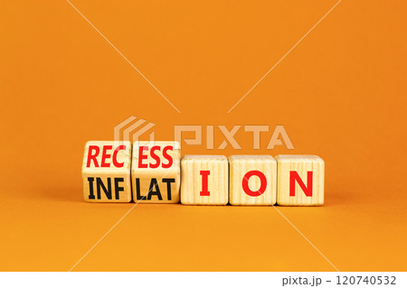 Inflation recession symbol. Turned wooden cubes and changed word Recession to Inflation. Beautiful orange table orange background. Business and inflation or recession concept. Copy space. 120740532