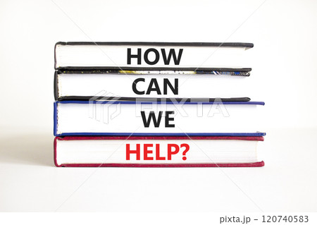 How can we help symbol. Concept words How can we help on beautiful books. Beautiful white table white background. Business and how can we help concept. Copy space. How can we help symbol. Concept words How can we help on beautiful books. Beautiful white table white background. Business and how can we help concept. Copy space. 120740583