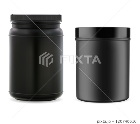 Whey protein jar. Black plastic sport vitamin can 120740610