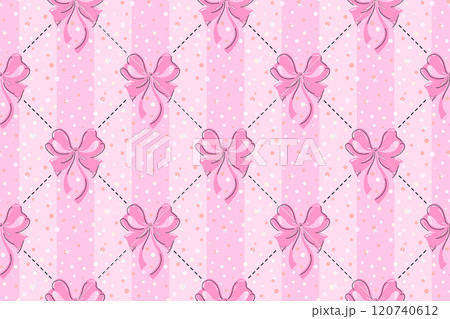 Pink bows and lines seamless pattern with small colorful dots, confetti or snowflakes background. Christmas or Valentines day holiday design 120740612