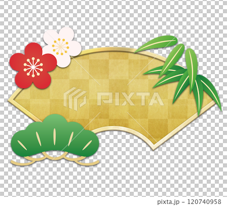 松竹梅と金色の扇のイラスト 120740958