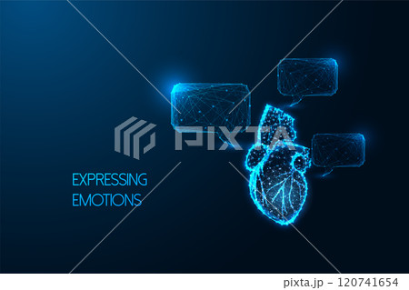 Expressing emotions concept with glowing heart and speech bubbles on dark blue background. 120741654