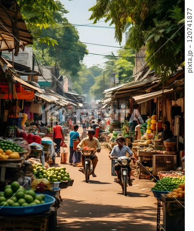 ): A traditional Chinese market featuring wooden stalls filled with fresh vegetables and fruits. Red lanterns hang above, and the street is lined with classical Chinese architectural elements. 120741877