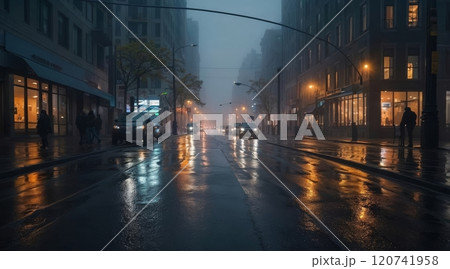 cinematic street view of a fog in the morning city 120741958