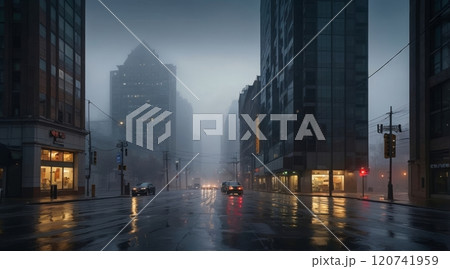 cinematic street view of a fog in the morning city 120741959