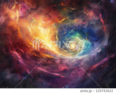 Abstract Cosmic Nebula with Swirling Colors and Stars 120742622