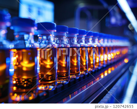 Conveyor Belt of Glass Bottles Filled with Amber Liquid in a Factory 120742655