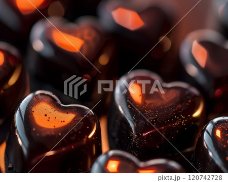 Close-up of Heart-Shaped Chocolate Candies with a Warm Glow 120742728