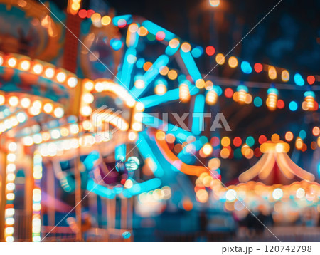 Blurred Lights of a Carnival Ferris Wheel at Night 120742798