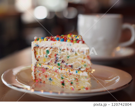 A Slice of Colorful Sprinkled Cake on a White Plate 120742804