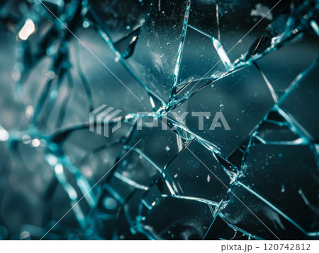 Abstract Close-up of Shattered Glass with Teal Hue 120742812