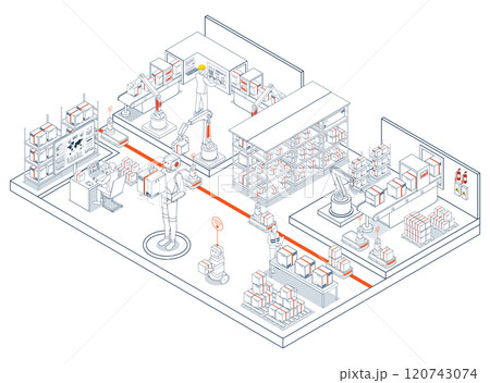Smart Logistics automation systems featuring autonomous robots and AGVs optimize material handling through sensor-equipped navigation and intelligent item processing. Vector illustration EPS 10 Smart Logistics automation systems featuring autonomous robots and AGVs optimize material handling through sensor-equipped navigation and intelligent item processing. Vector illustration EPS 10 120743074