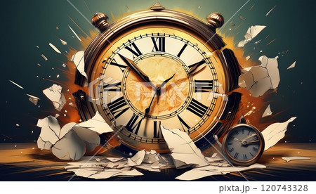 A vintage clock shattering into fragments while a smaller clock remains intact, symbolizing the passage of time and its impact. Generative AI 120743328