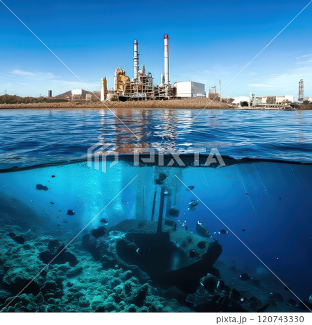 Oil refinery on shore seen from underwater perspective with vibrant marine life beneath calm waters. Generative AI 120743330