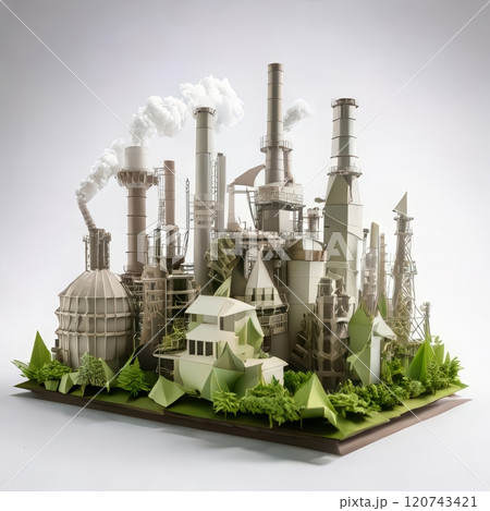 Detailed model of an industrial complex with smokestacks and surrounding greenery showcasing architectural creativity. Generative AI 120743421