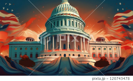 The U.S. Capitol building illuminated by a vibrant sunset amidst flowing flags and dramatic colors. Generative AI 120743478
