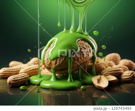 A pile of peanuts is topped with a flowing green syrup that drips down their surfaces A pile of peanuts is topped with a flowing green syrup that drips down their surfaces 120743493