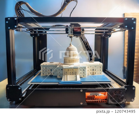3D printer creating a detailed model of a historic building in a modern workshop setting. Generative AI 3D printer creating a detailed model of a historic building in a modern workshop setting. Generative AI 120743495