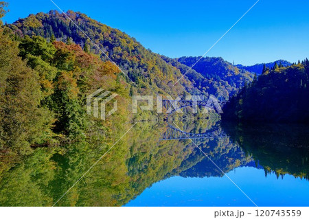 只見線　船着き場から望む秋の第一只見川橋梁(福島県三島町、11月上旬午後) 120743559