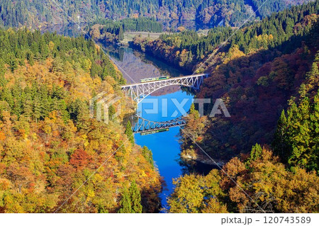 只見線 秋の第一只見川橋梁を渡る列車(福島県三島町、11月中旬午前) 只見線 秋の第一只見川橋梁を渡る列車(福島県三島町、11月中旬午前) 120743589