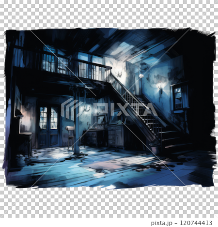 Dark and eerie interior of an abandoned house with a staircase 120744413
