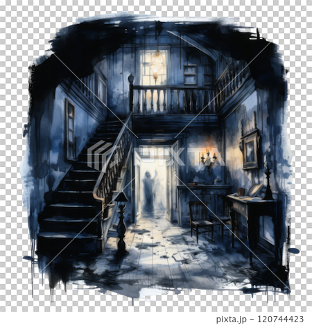 A Dark and Eerie Interior of an Old House with a Staircase and a Glimmer of Light 120744423