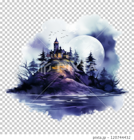 A Towering Manor on a Foggy Cliff with a Full Moon A Towering Manor on a Foggy Cliff with a Full Moon 120744432