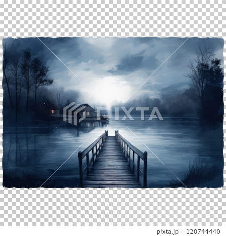 A Wooden Dock Leading Towards a Mysterious Cabin on a Lake at Dusk 120744440