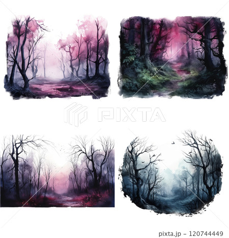 Watercolor Paintings of Eerie Forests with Bare Trees and Fog 120744449