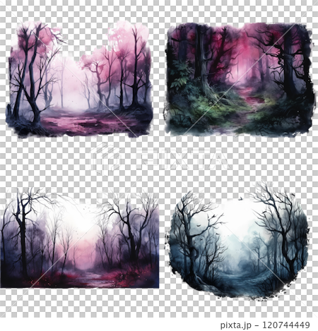 Watercolor Paintings of Eerie Forests with Bare Trees and Fog 120744449