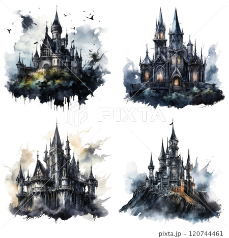 Watercolor Illustration of Four Gothic Castles 120744461