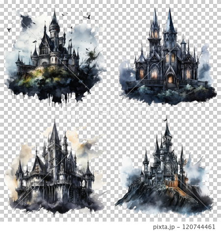 Watercolor Illustration of Four Gothic Castles 120744461