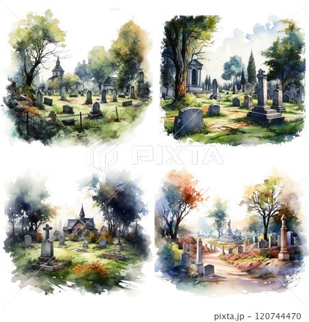 Watercolor Painting of Four Different Views of a Cemetery Watercolor Painting of Four Different Views of a Cemetery 120744470