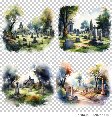 Watercolor Painting of Four Different Views of a Cemetery Watercolor Painting of Four Different Views of a Cemetery 120744470