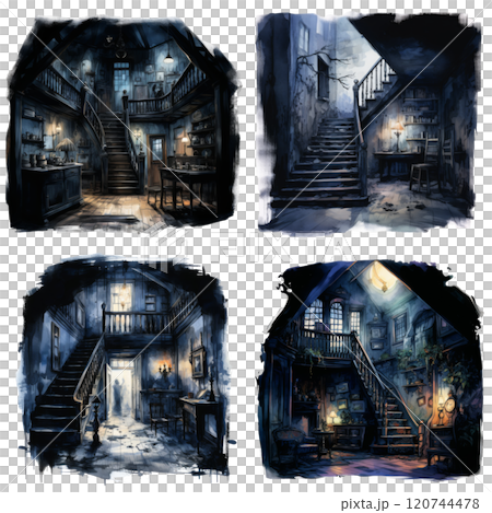 Four Watercolor Paintings of Stairwells in an Old, Dark House 120744478
