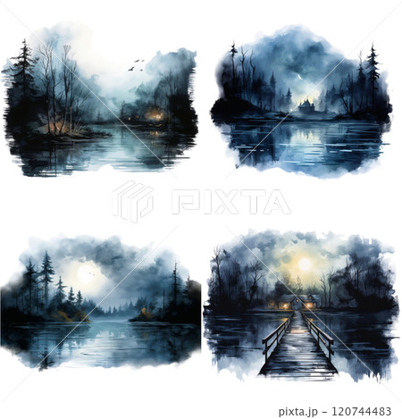 Four Watercolor Landscapes of a Foggy Lake and Forest at Night 120744483