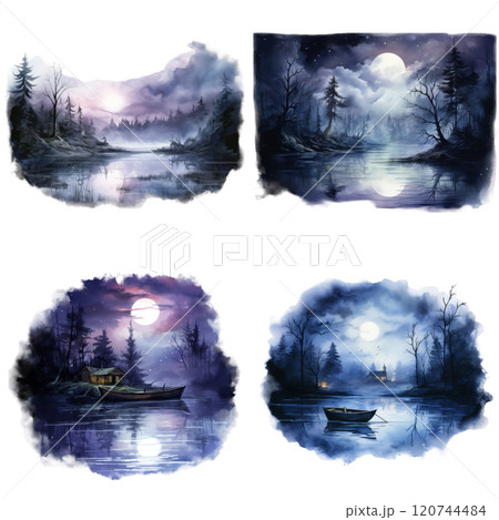 Four Watercolor Paintings of Moonlit Lakes and Forests 120744484