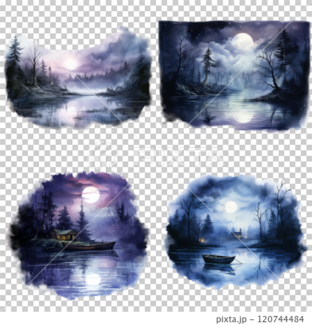 Four Watercolor Paintings of Moonlit Lakes and Forests 120744484